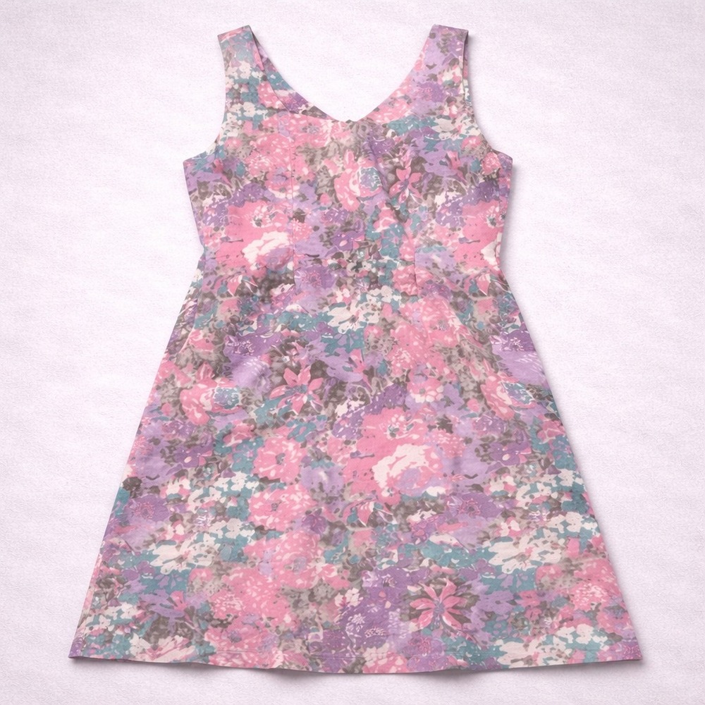 Vintage Floral Dress Womens Size 55 Pink Purple Cottagecore Sleeveless